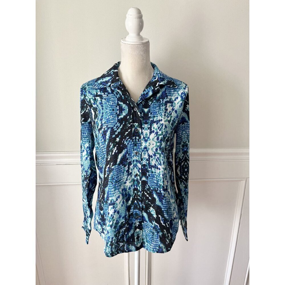 Joe Fresh Blue & Black Reptile Print Button-Front Long Sleeve Shirt M